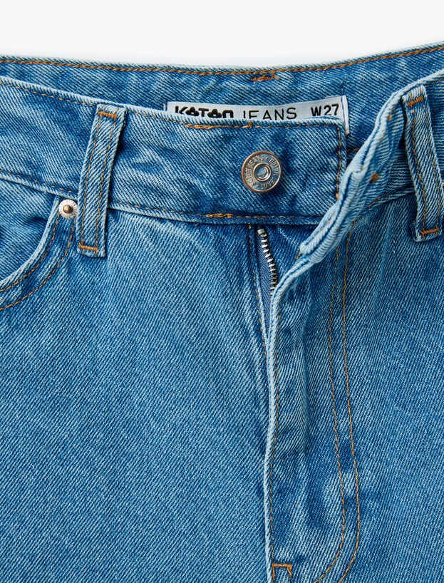 Yüksek Bel Düğmeli Cepli Geniş Paça Denim Pantolon -  Crop Wide Leg Jeans_5