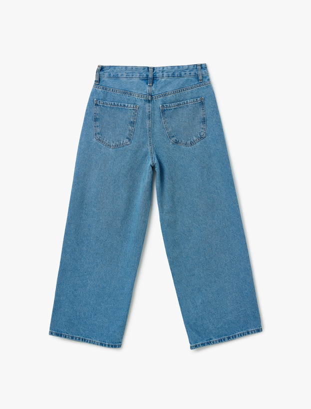 Yüksek Bel Düğmeli Cepli Geniş Paça Denim Pantolon -  Crop Wide Leg Jeans_3