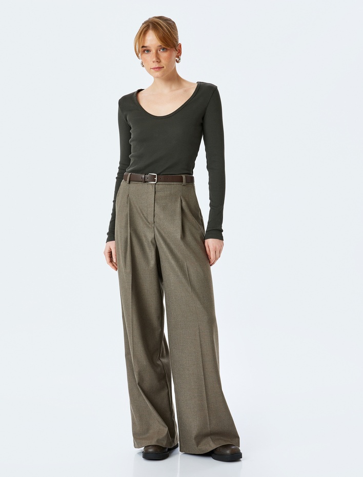  Pamuklu Uzun Kollu U Yaka Slim Fit Fitilli Tişört