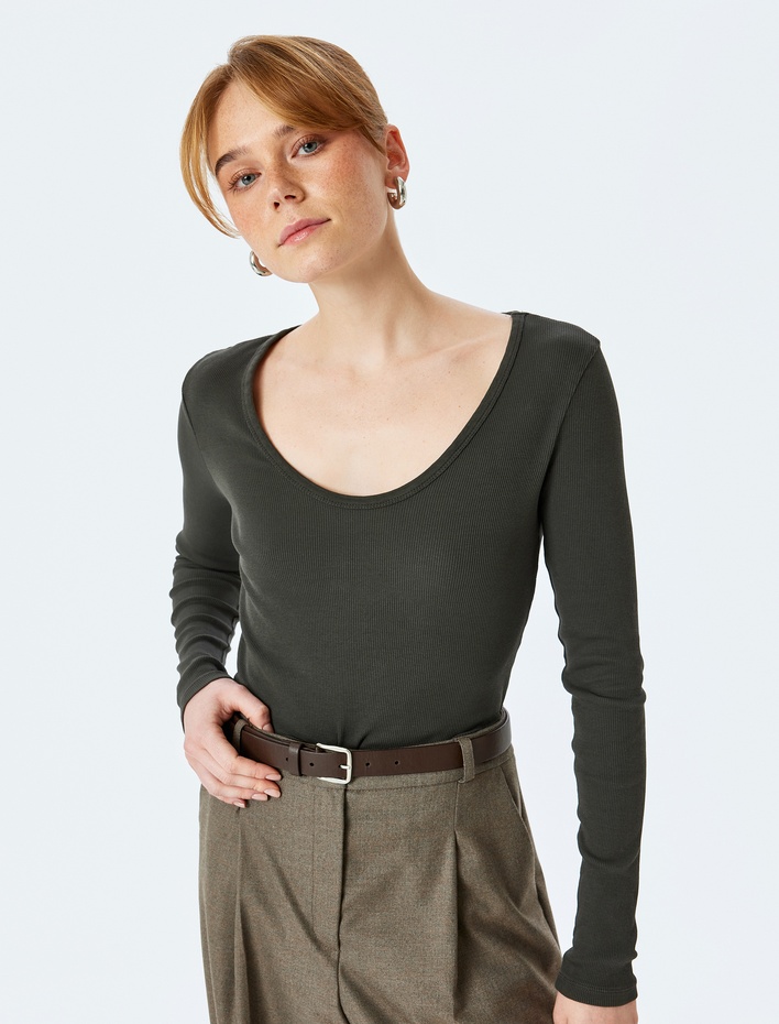  Pamuklu Uzun Kollu U Yaka Slim Fit Fitilli Tişört