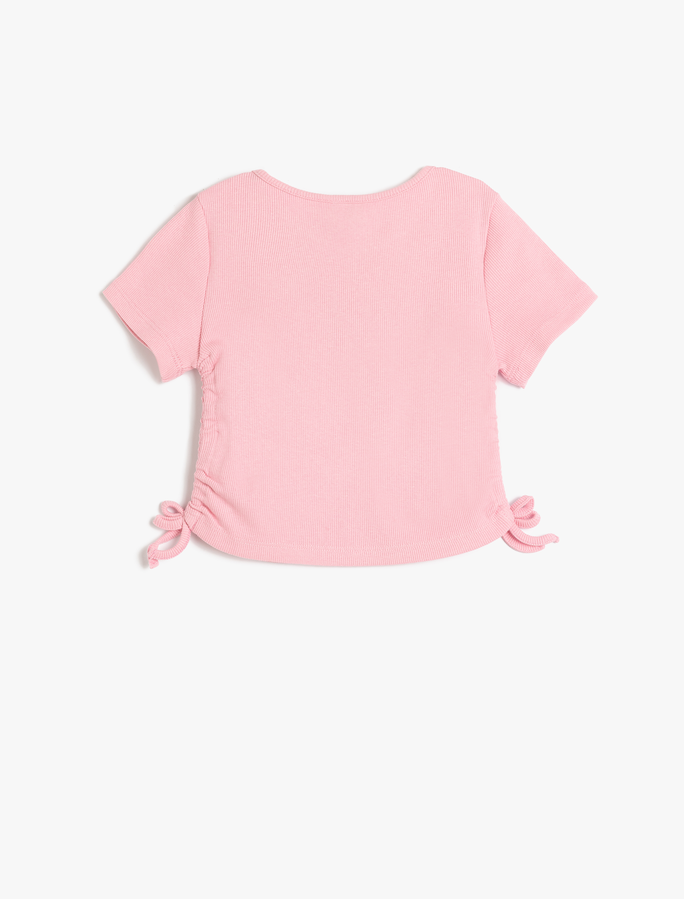  Kız Çocuk Bisiklet Yaka Kısa Kollu Büzgü Detaylı Pamuklu Crop Tişört