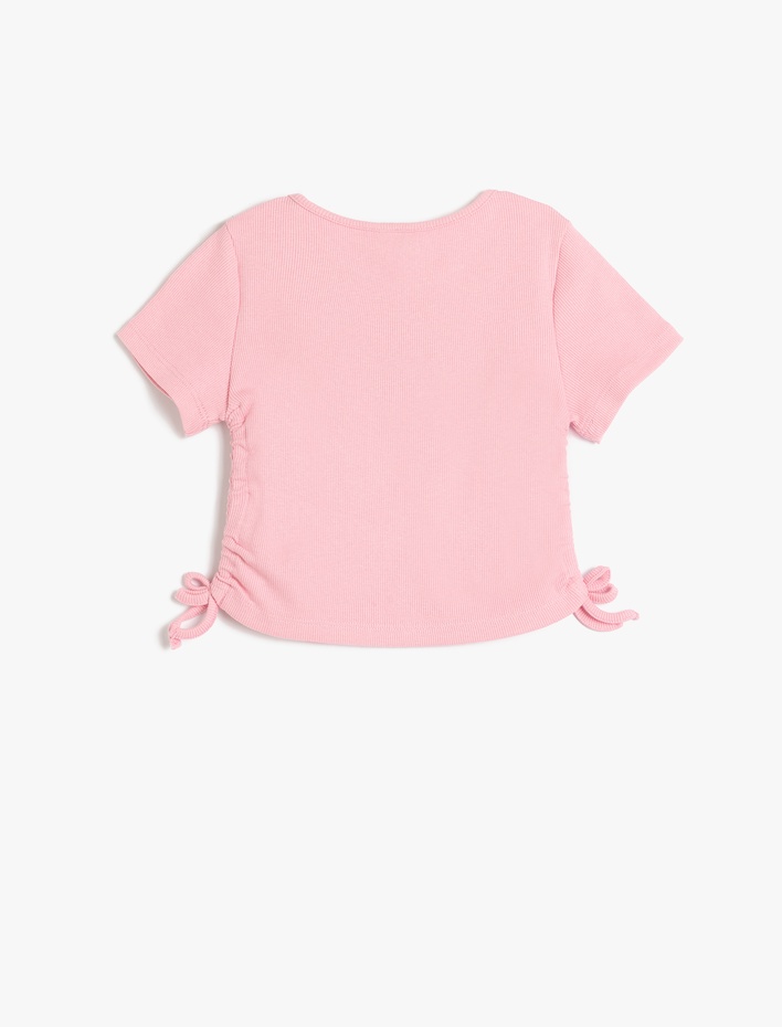 Kız Çocuk Bisiklet Yaka Kısa Kollu Büzgü Detaylı Pamuklu Crop Tişört