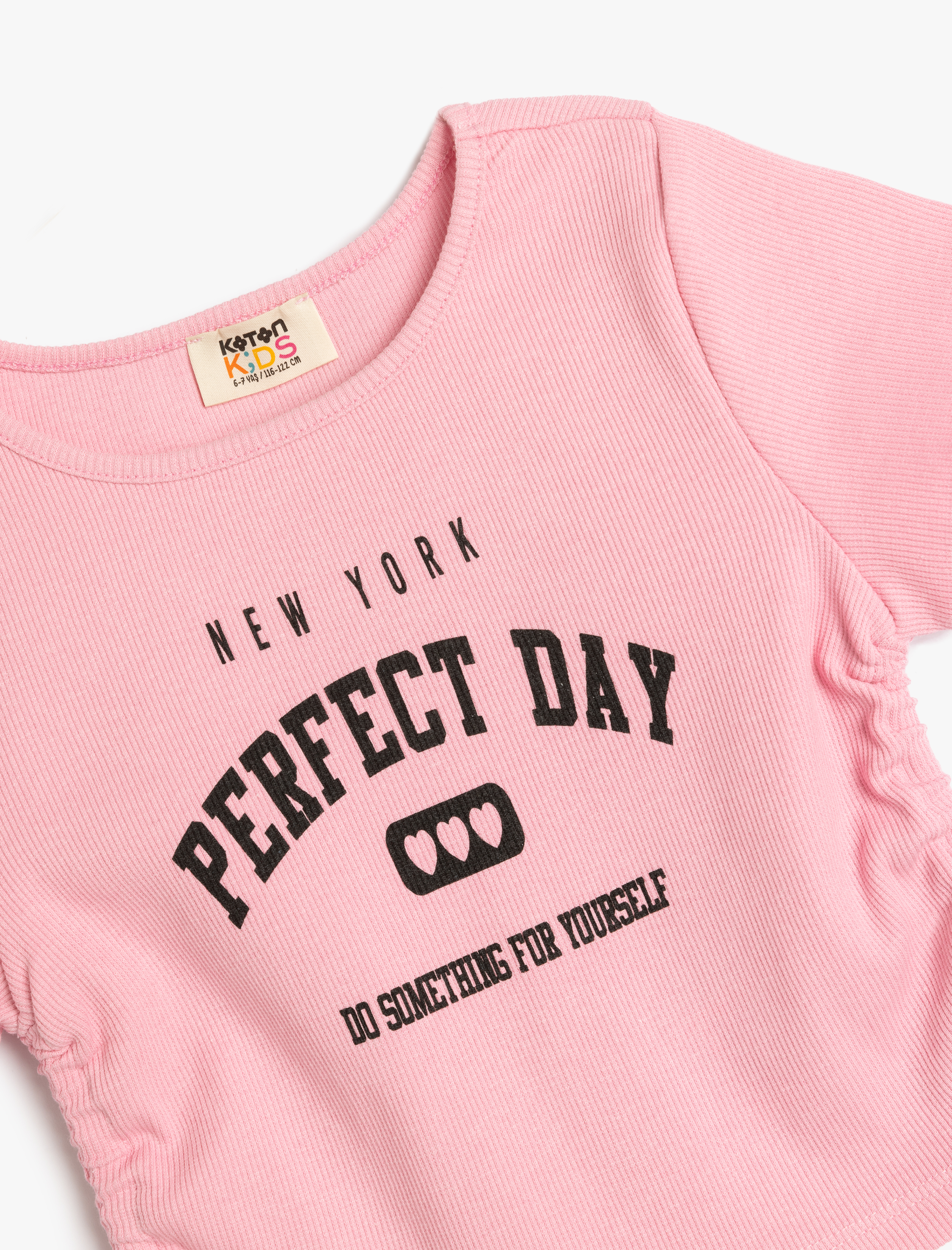  Kız Çocuk Bisiklet Yaka Kısa Kollu Büzgü Detaylı Pamuklu Crop Tişört