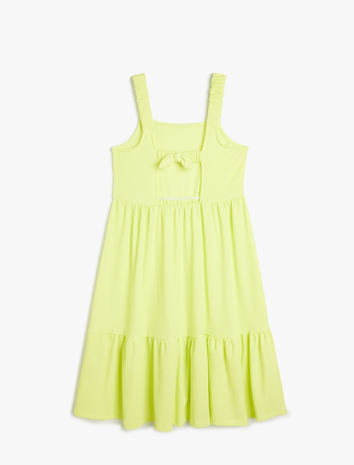 Kız Çocuk Askılı Pileli Kat Detaylı Kare Yaka Midi Boy Elbise