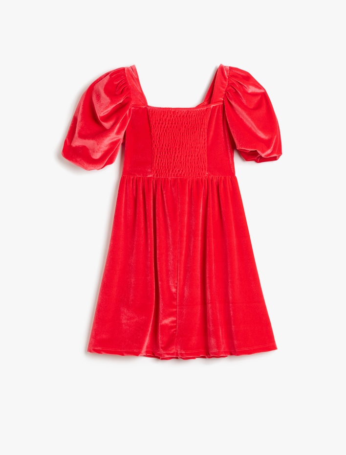 Kız Çocuk Balon Kollu Bisiklet Yaka Çiçek Aplikeli  Kadife Elbise