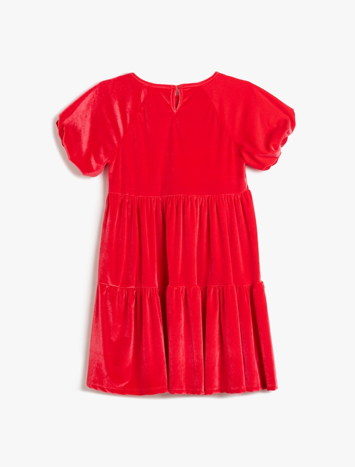 Kız Çocuk Pileli Balon Kollu Bisiklet Yaka Kısa Kollu Kadife Elbise