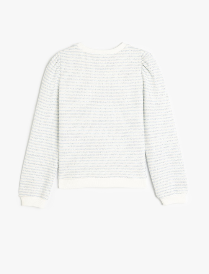 Kız Çocuk Uzun Kollu Düğme Detaylı Bisiklet Yaka Çizgili Sweatshirt