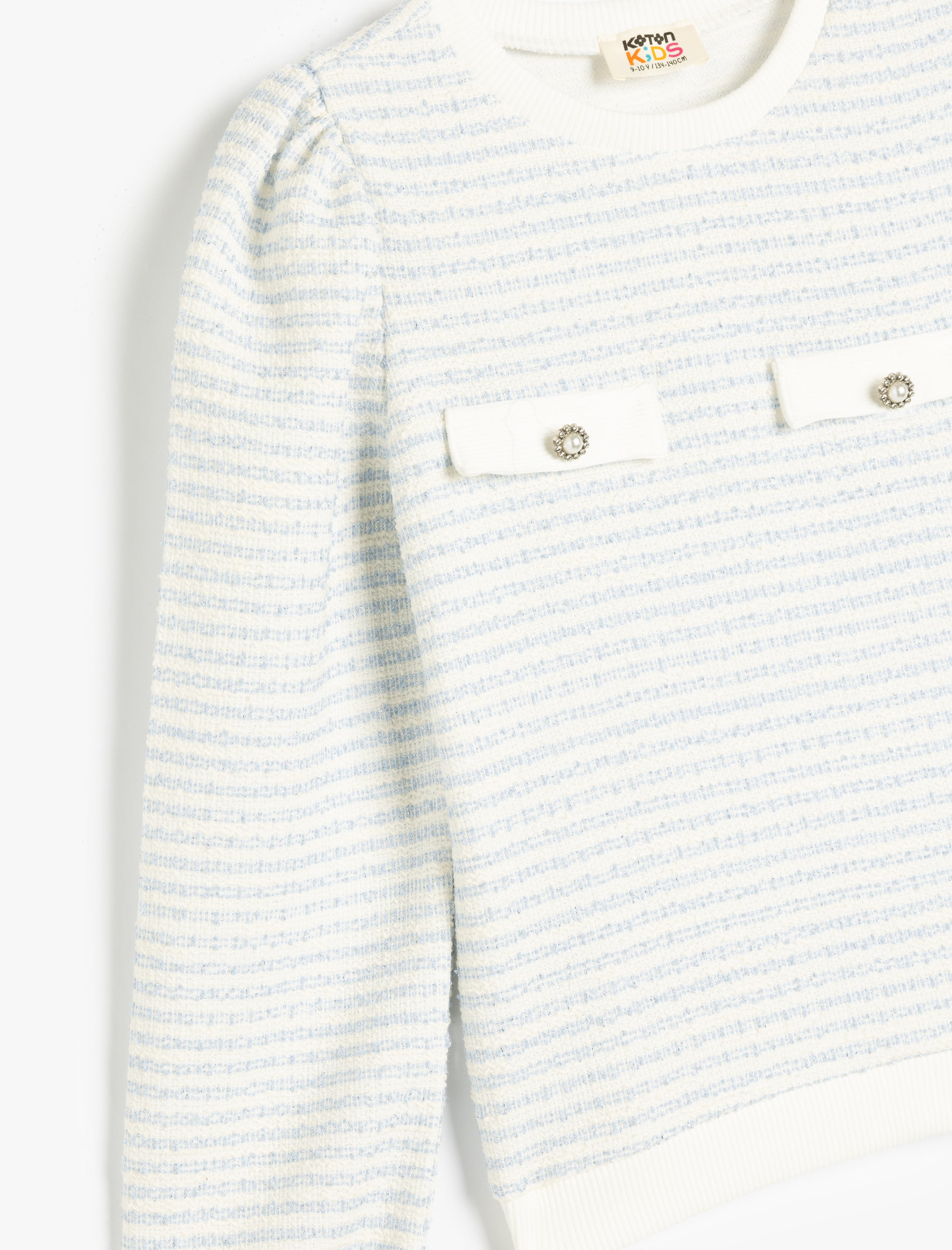  Kız Çocuk Uzun Kollu Düğme Detaylı Bisiklet Yaka Çizgili Sweatshirt