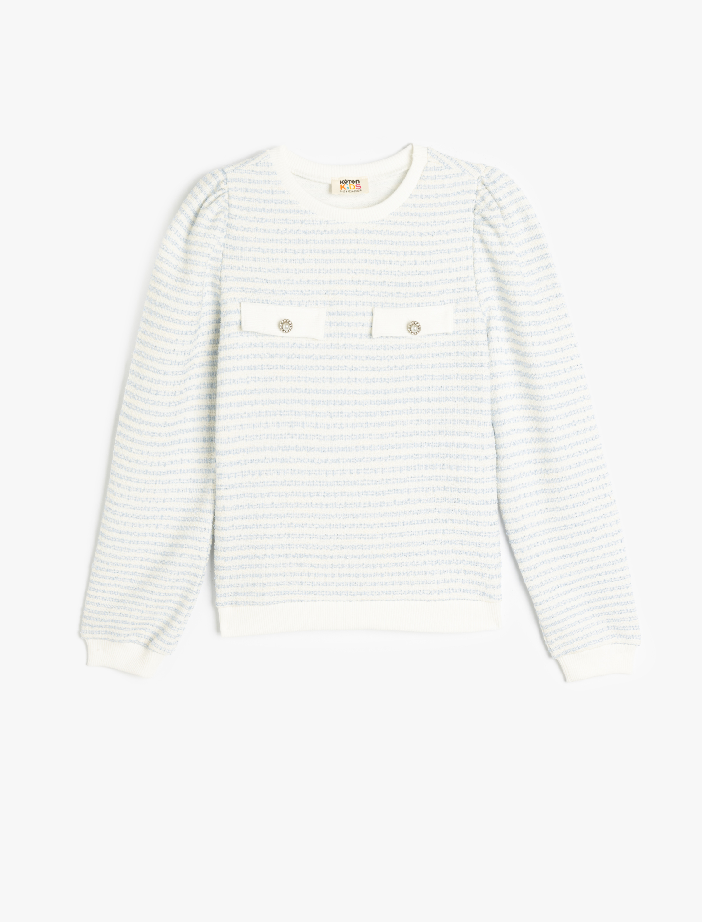 Koton Uzun Kollu Düğme Detaylı Bisiklet Yaka Çizgili Sweatshirt -1