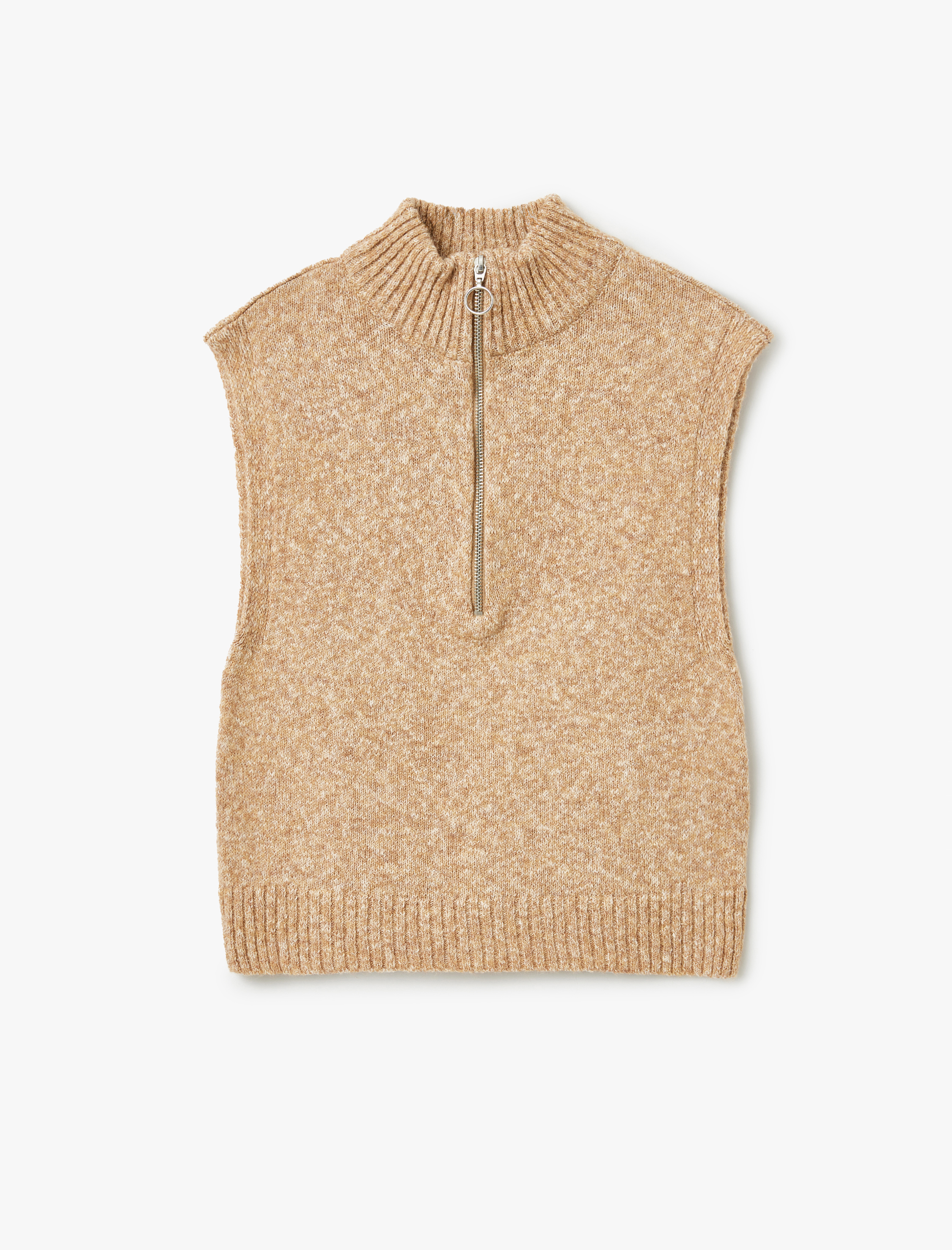   Yarım Fermuar Detaylı Dik Yaka Kolsuz Triko Süveter