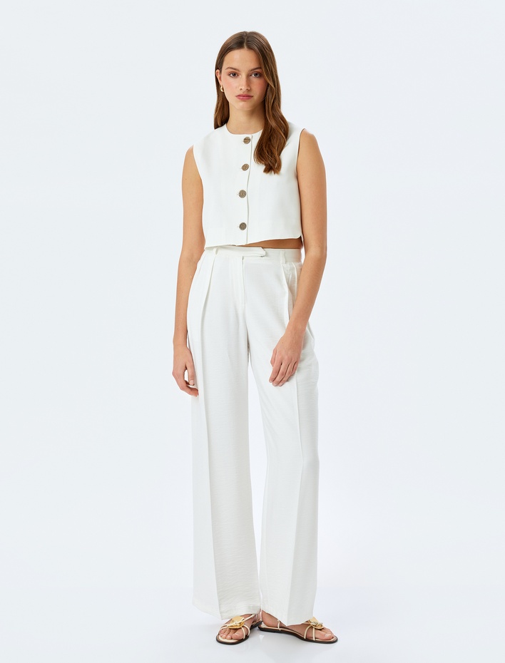  Keten Karışımlı Düğmeli Yuvarlak Yaka Crop Yelek