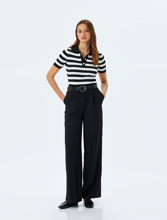  Yarım Düğme Detaylı Kısa Kollu Triko Polo Yaka Kazak