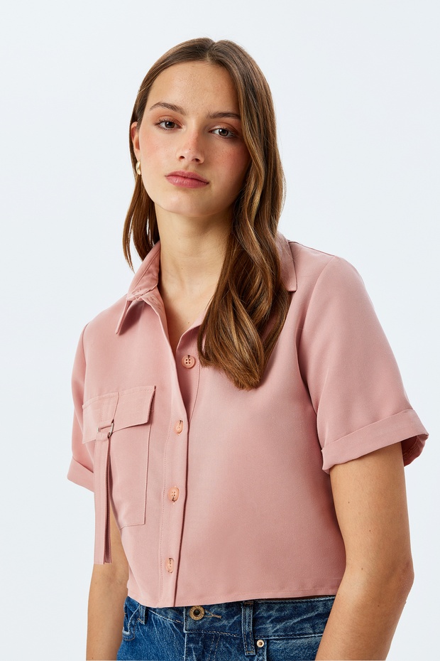  Modal Kumaş Kısa Kollu Cep Detaylı Crop Gömlek