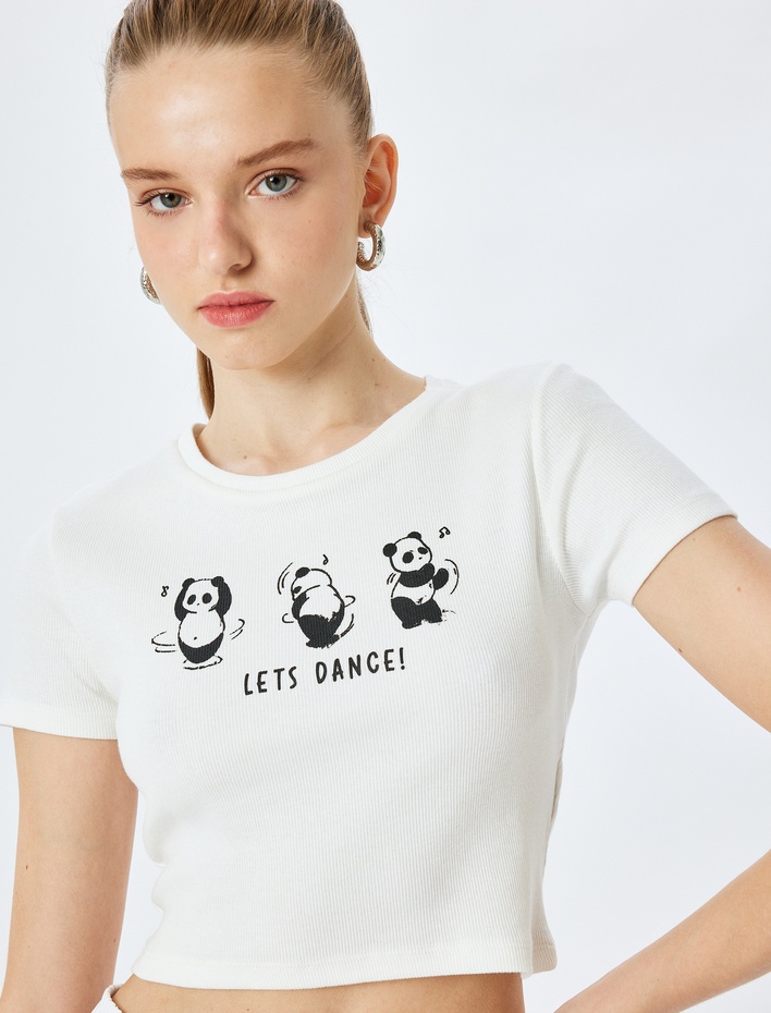  Panda Baskılı Kısa Kollu Slim Fit Crop Tişört