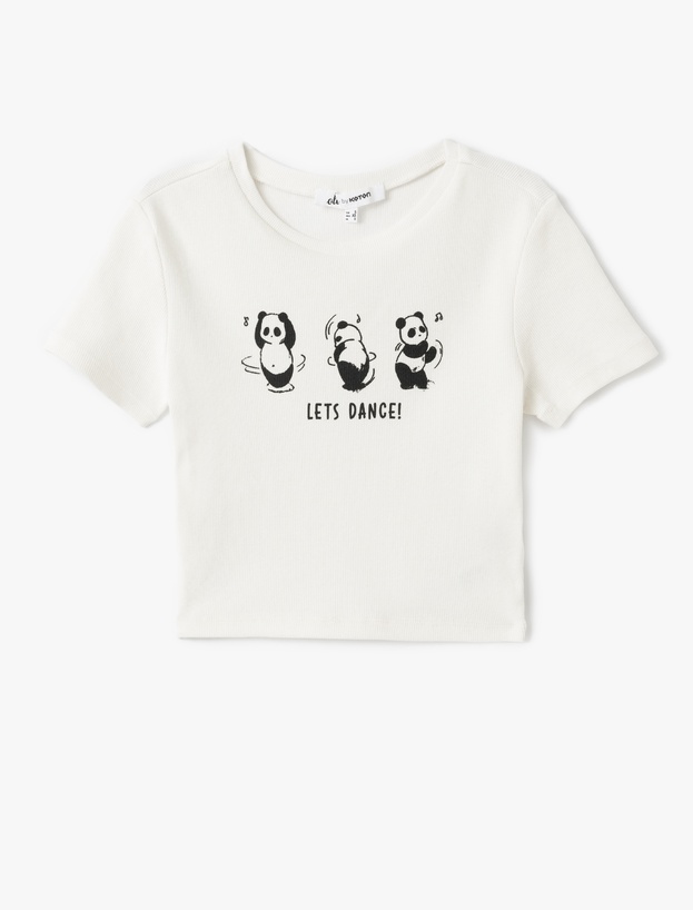 Panda Baskılı Kısa Kollu Slim Fit Crop Tişört_2