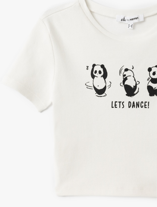 Panda Baskılı Kısa Kollu Slim Fit Crop Tişört_4