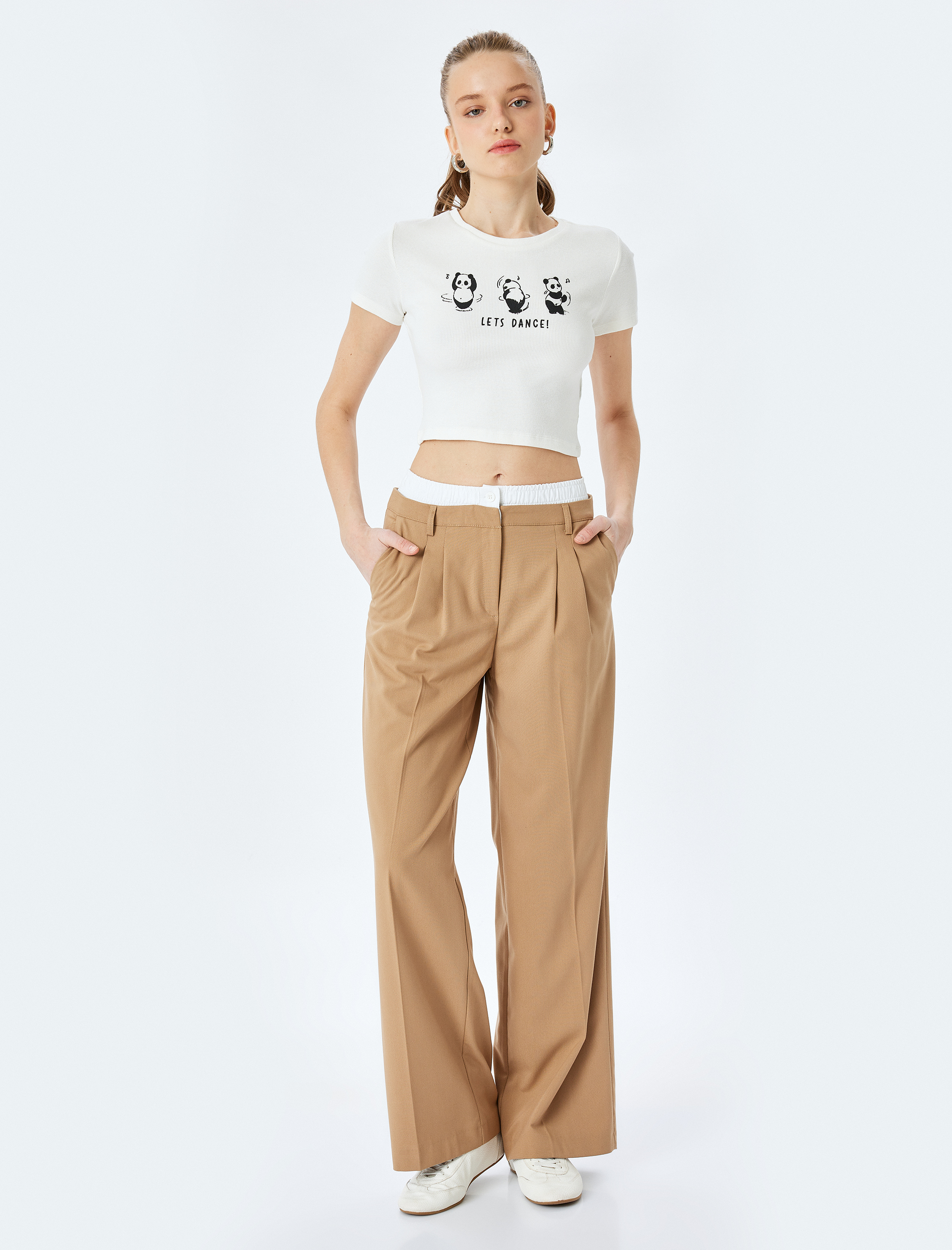   Panda Baskılı Kısa Kollu Slim Fit Crop Tişört