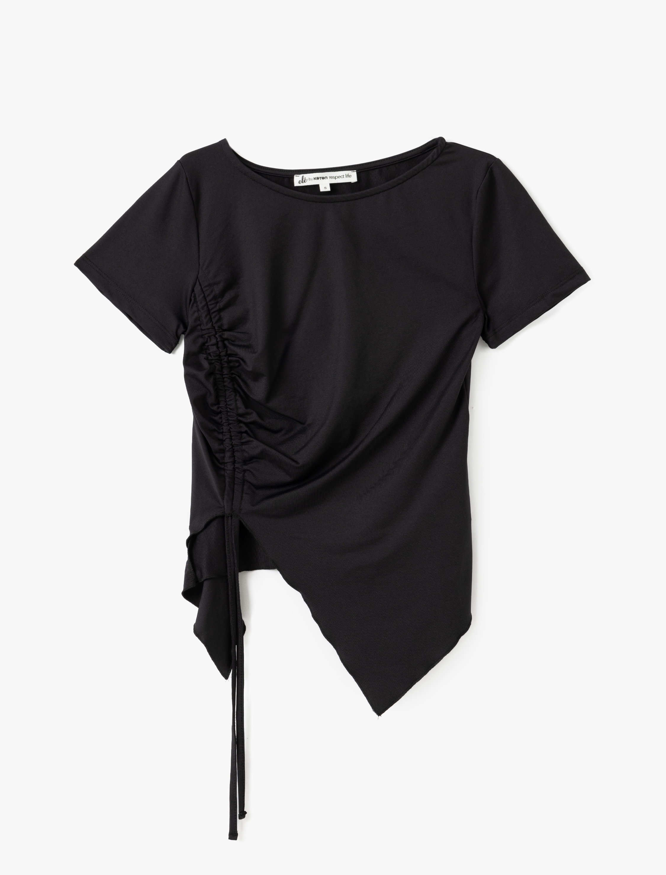   Büzgülü Bisiklet Yaka Kısa Kollu Asimetrik Tişört