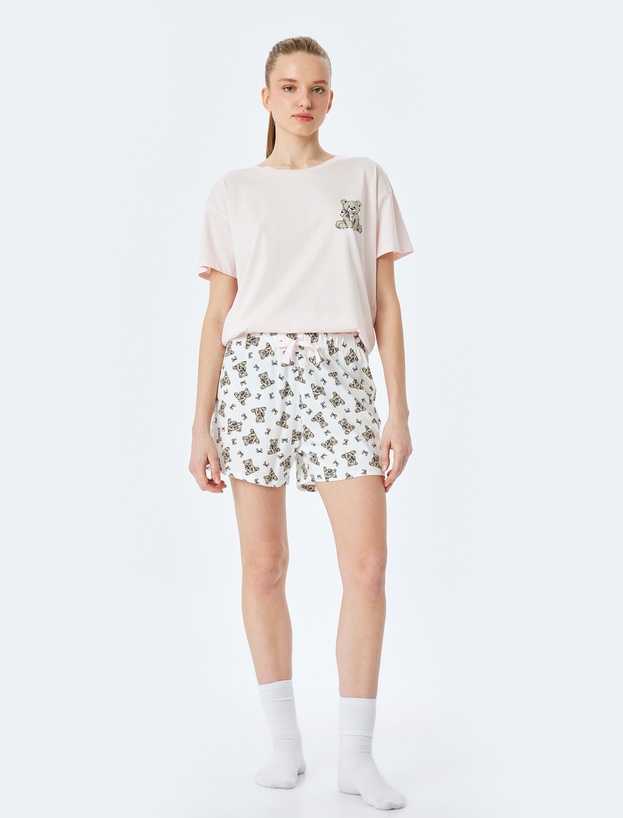 Ayıcık Baskılı Pamuklu Kadın Şortlu Pijama Takımı_1