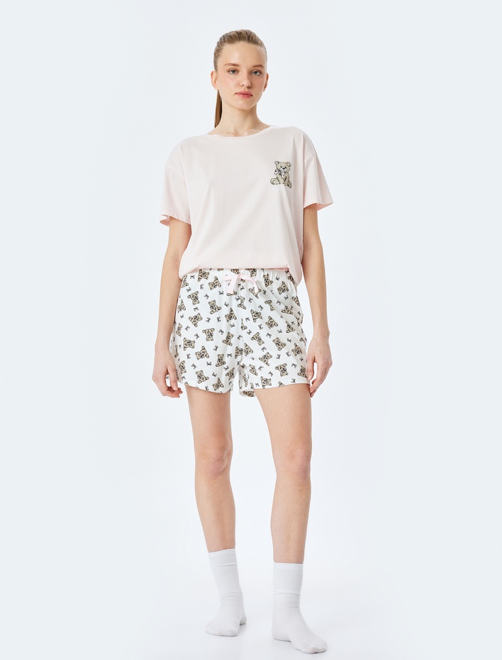  Ayıcık Baskılı Pamuklu Kadın Şortlu Pijama Takımı