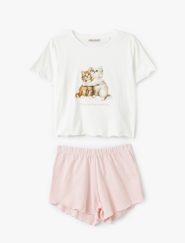 Kedi Baskılı Pamuklu Kadın Şortlu Pijama Takımı_2