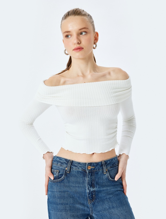  Madonna Yaka Omuzu Açık Slim Fit Uzun Kollu Tişört