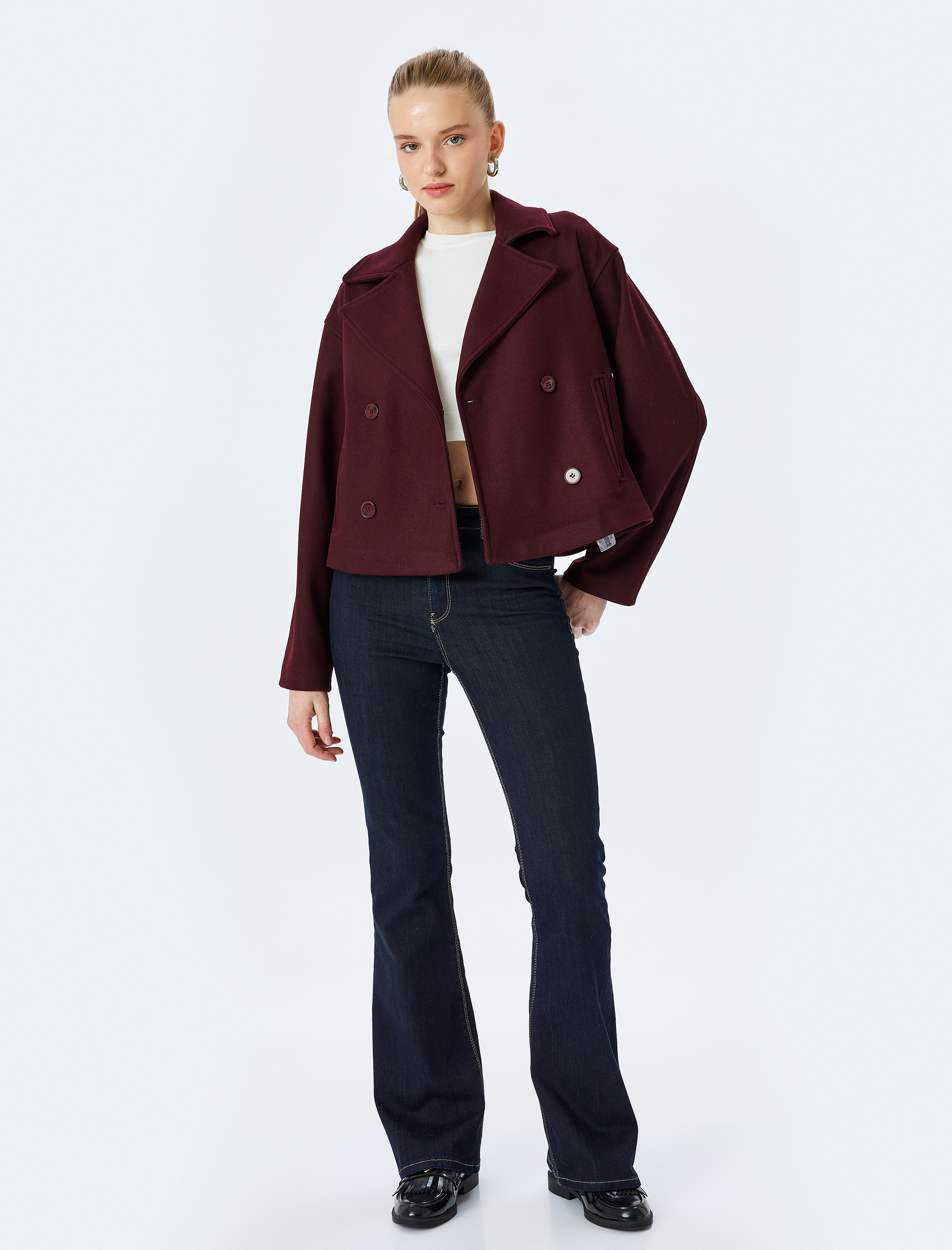   Kruvaze Yaka Astarlı Düğmeli Cep Detaylı Oversize Ceket