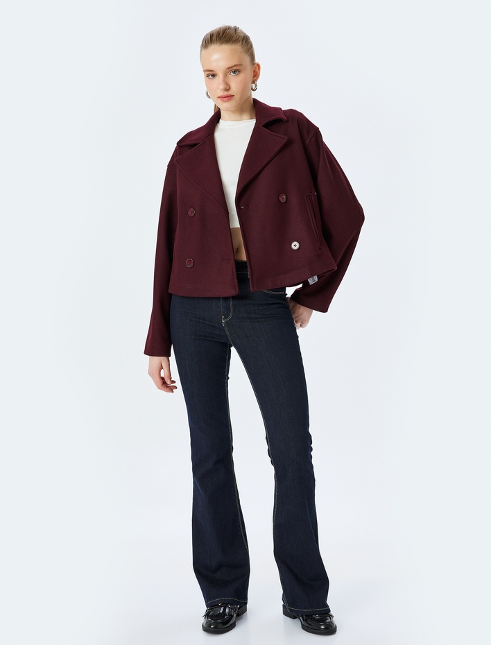  Kruvaze Yaka Astarlı Düğmeli Cep Detaylı Oversize Ceket