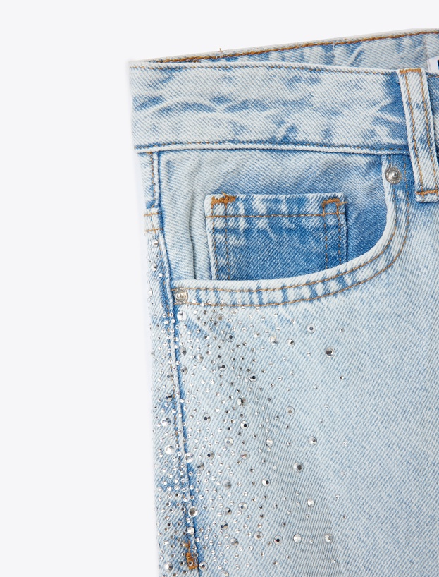 Taş Detaylı Geniş Paça Düğmeli Cepli Denim Pantolon - Wide Leg Jeans_5