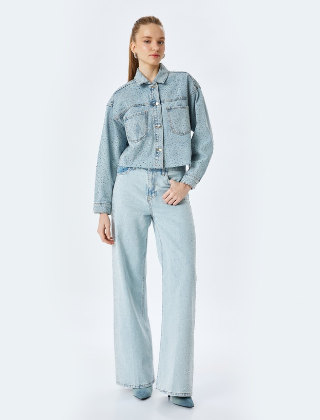 Taş Detaylı Geniş Paça Düğmeli Cepli Denim Pantolon - Wide Leg Jeans_0