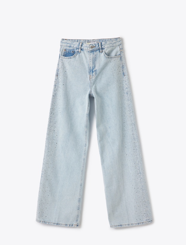 Taş Detaylı Geniş Paça Düğmeli Cepli Denim Pantolon - Wide Leg Jeans_2