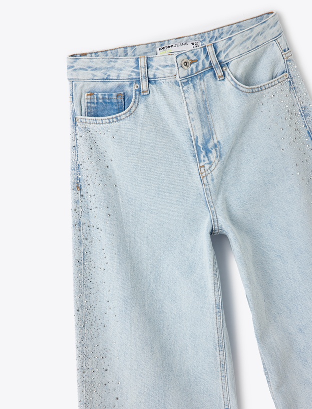 Taş Detaylı Geniş Paça Düğmeli Cepli Denim Pantolon - Wide Leg Jeans_4