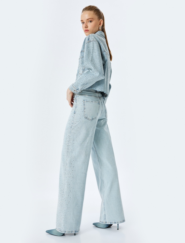  Taş Detaylı Geniş Paça Düğmeli Cepli Denim Pantolon - Wide Leg Jeans