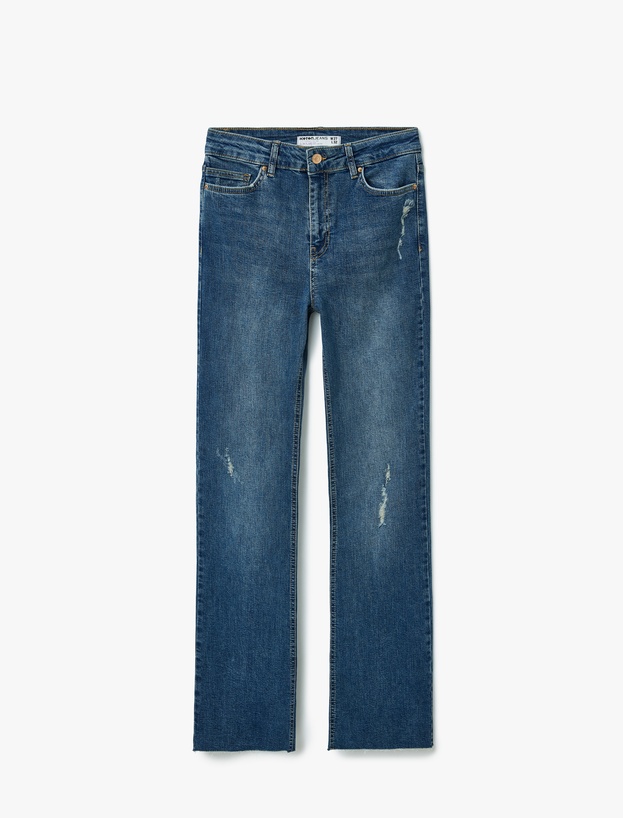 Yüksek Bel Slim Fit Yıpratılmış İspanyol Paça Denim Pantolon -  Flare Jeans_2