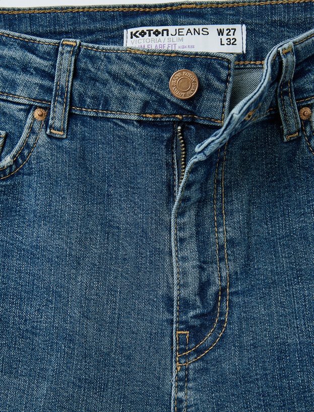 Yüksek Bel Slim Fit Yıpratılmış İspanyol Paça Denim Pantolon -  Flare Jeans_5
