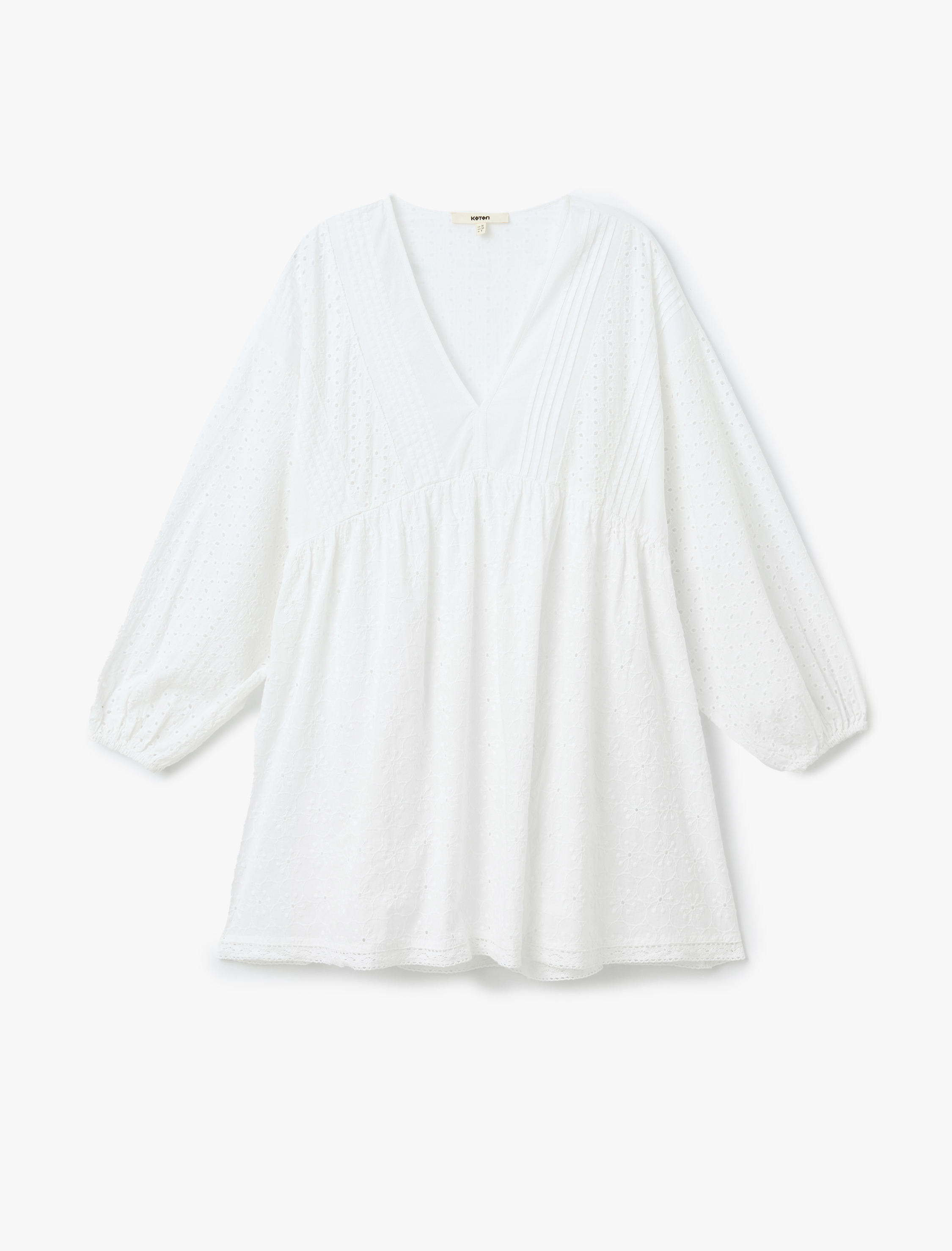   Pamuklu Uzun Balon Kollu V Yaka Mini Fistolu Elbise