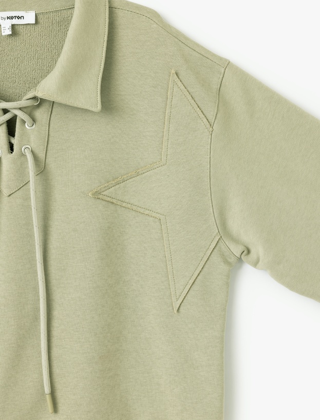 Yıldız İşlemeli Bağcıklı Crop Gömlek Yaka Sweatshirt_5