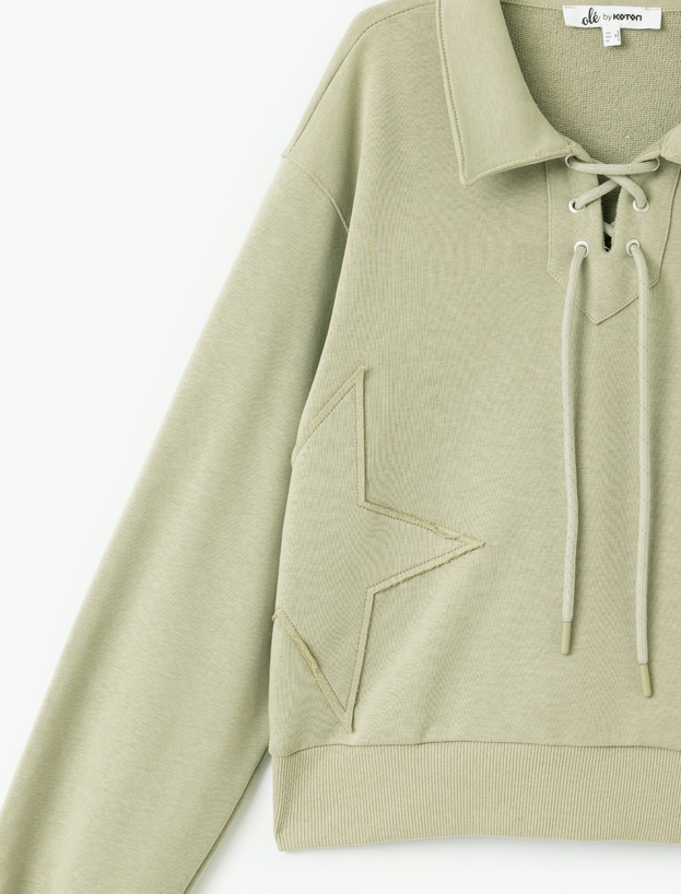 Yıldız İşlemeli Bağcıklı Crop Gömlek Yaka Sweatshirt_4