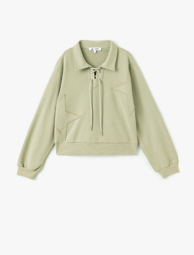 Yıldız İşlemeli Bağcıklı Crop Gömlek Yaka Sweatshirt_2