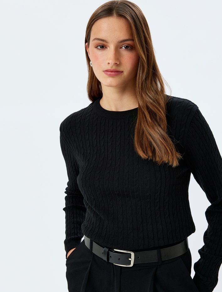  Bisiklet Yaka Uzun Kollu Saç Örgü Triko Kazak