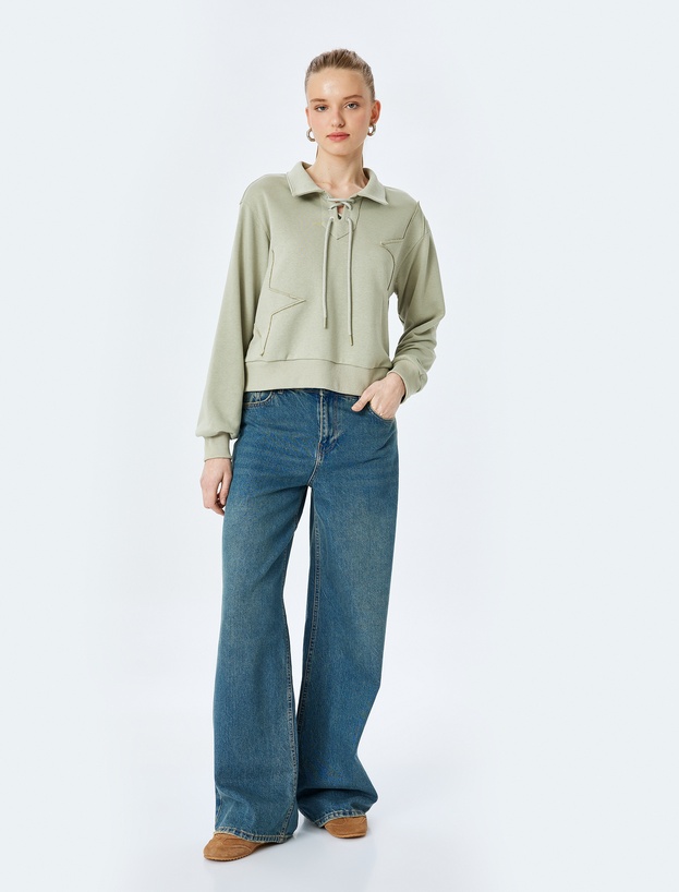 Yıldız İşlemeli Bağcıklı Crop Gömlek Yaka Sweatshirt_0