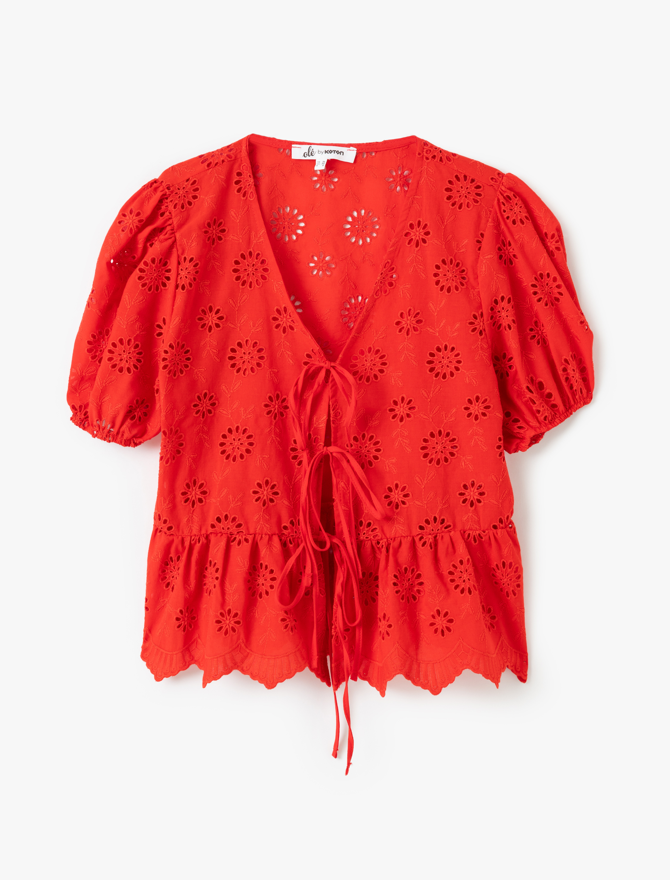   V Yaka Kısa Kol Balon Kollu Bağcıklı Fisto Bluz