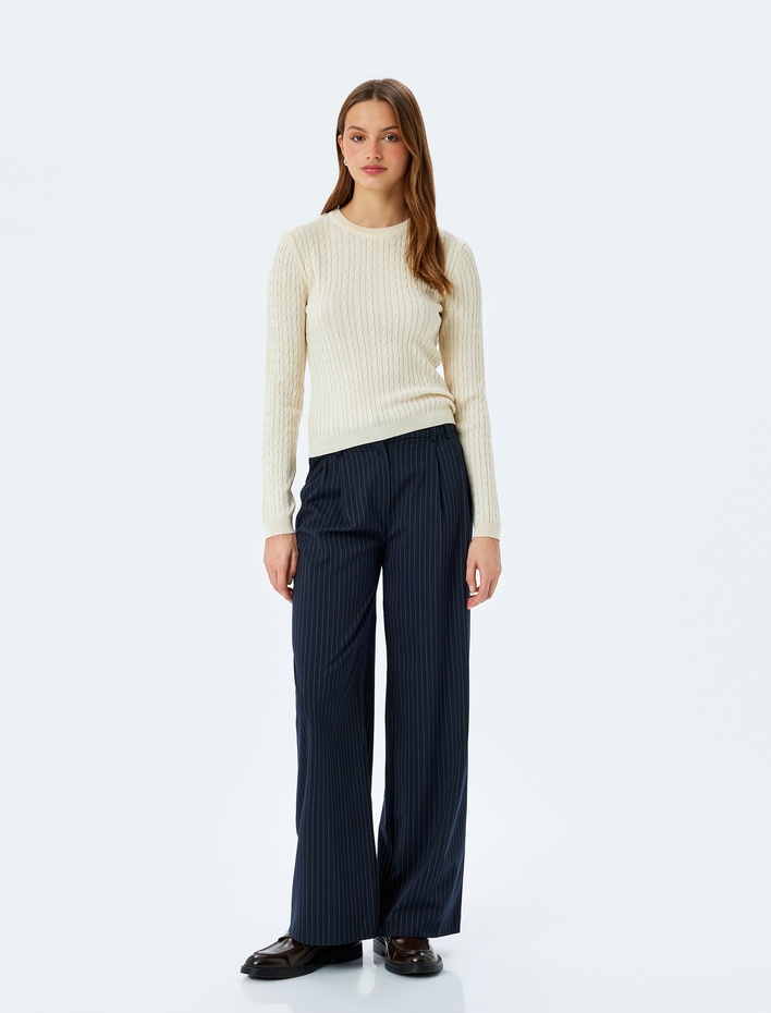  Bisiklet Yaka Uzun Kollu Saç Örgü Triko Kazak