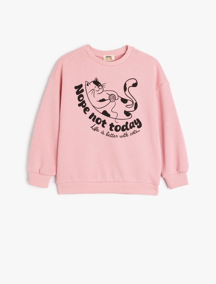 Kız Çocuk Kedi Baskılı Uzun Kollu Pamuklu Bisiklet Yaka Sweatshirt