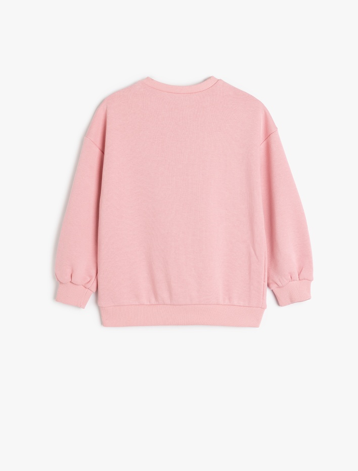 Kız Çocuk Kedi Baskılı Uzun Kollu Pamuklu Bisiklet Yaka Sweatshirt