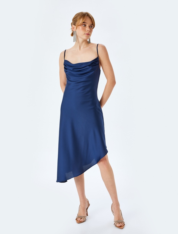 İp Askılı Degaje Yaka Asimetrik Midi Slip Saten Elbise_2