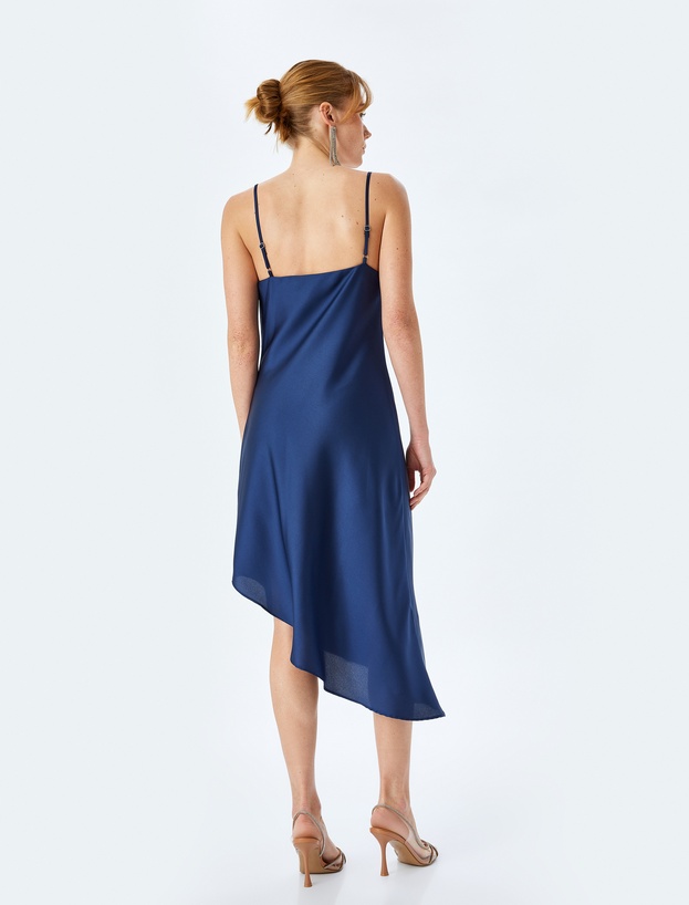 İp Askılı Degaje Yaka Asimetrik Midi Slip Saten Elbise_3