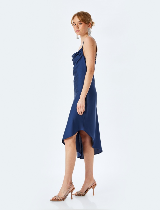 İp Askılı Degaje Yaka Asimetrik Midi Slip Saten Elbise_1