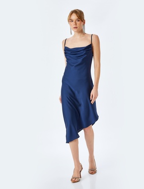İp Askılı Degaje Yaka Asimetrik Midi Slip Saten Elbise