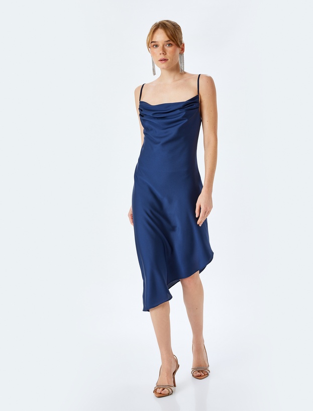 İp Askılı Degaje Yaka Asimetrik Midi Slip Saten Elbise_0